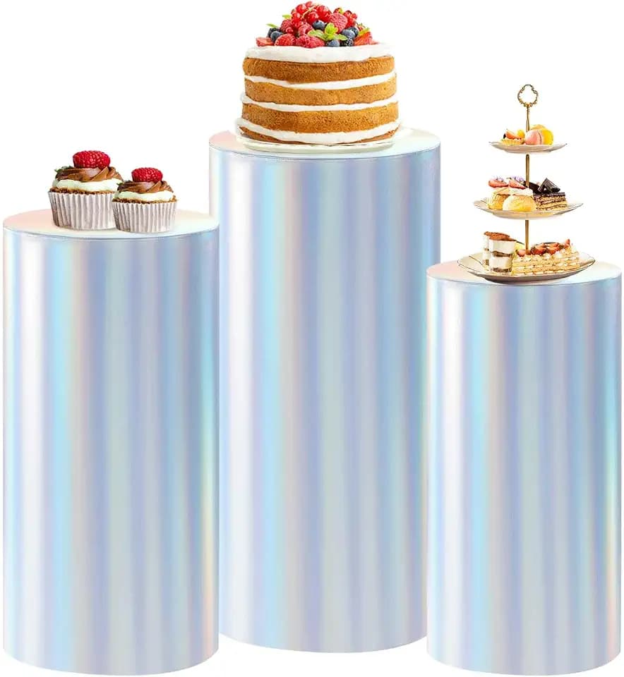 Fanqisi Spandex Cylinder Stand Covers for Parties: 3Pcs Iridescent Cylinder Pedestal Covers - Baby Shower Birthday Event Decor
