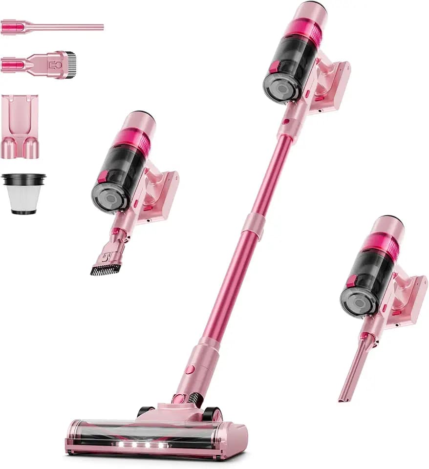 6-in-1 Stick Vacuum with Anti-Tangle Brush, Self-Standing LED Headlight, HEPA Filtration, Rechargeable Handheld for Hard Floors