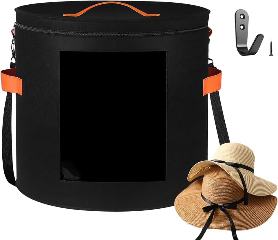 kushon Oversized Hat Storage Box for Women & Men,19" D x 17" H Cowboy Hat Boxes with 1 Wood Hook Felt travel Round Hat Organizer Box with Dustproof Lid (Black)