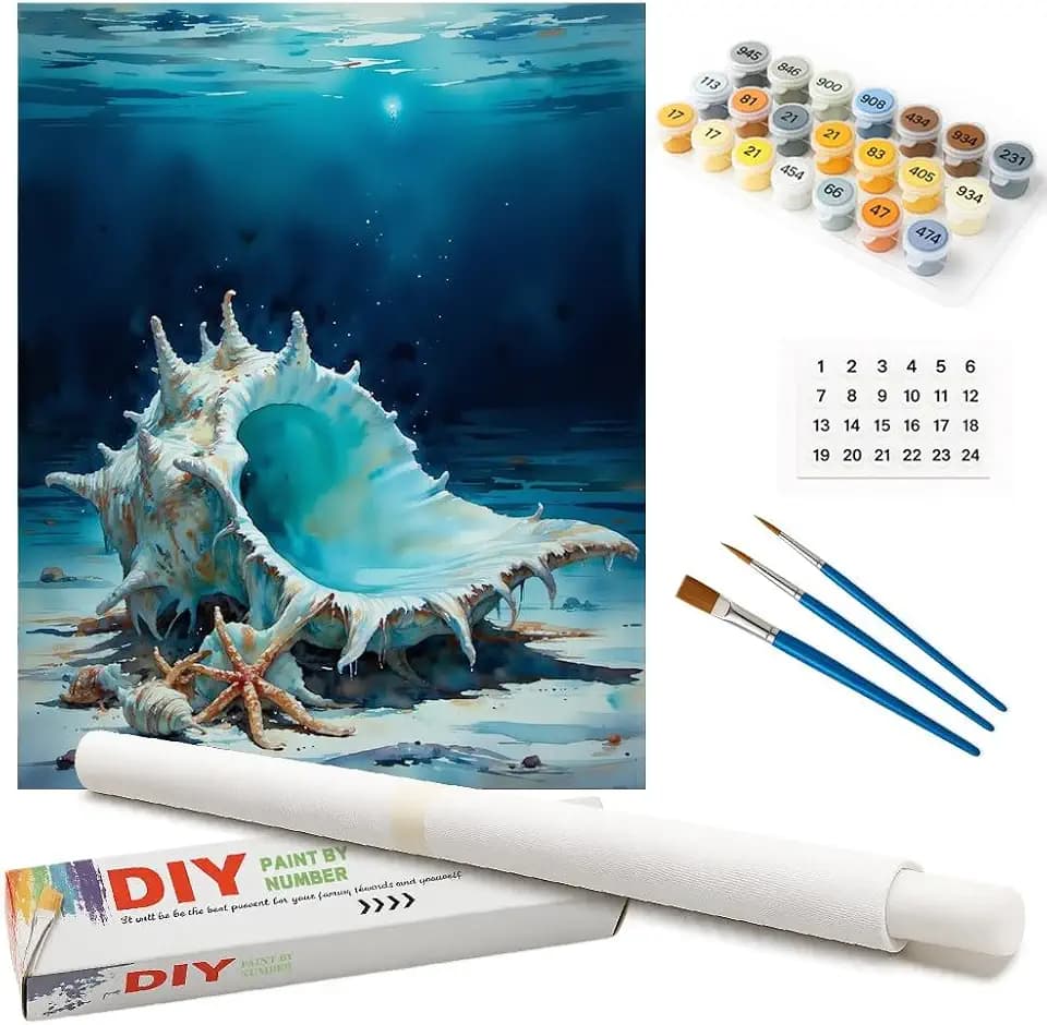 Ocean Life Paint by Numbers Kit for Adults - DIY Sea Shell and Starfish Painting on Rolled Canvas 16x20 Inches, Acrylic Paint Set, Suitable for Beginners, Marine Art for Home Decoration or Gifts