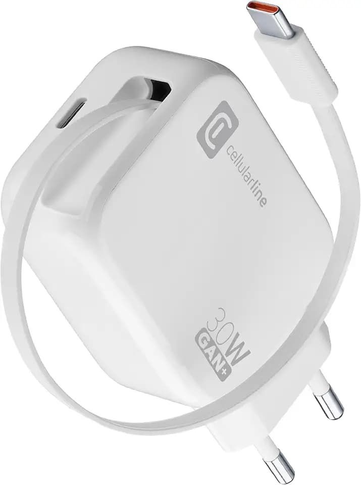 Cellularline 30W-Wandladegerät mit 90 cm einziehbarem USB-C-Kabel, GaN-Technologie, Doppeltem USB-C Power Delivery-Anschluss, Kompakt für Smartphones und Tablets, Weiß