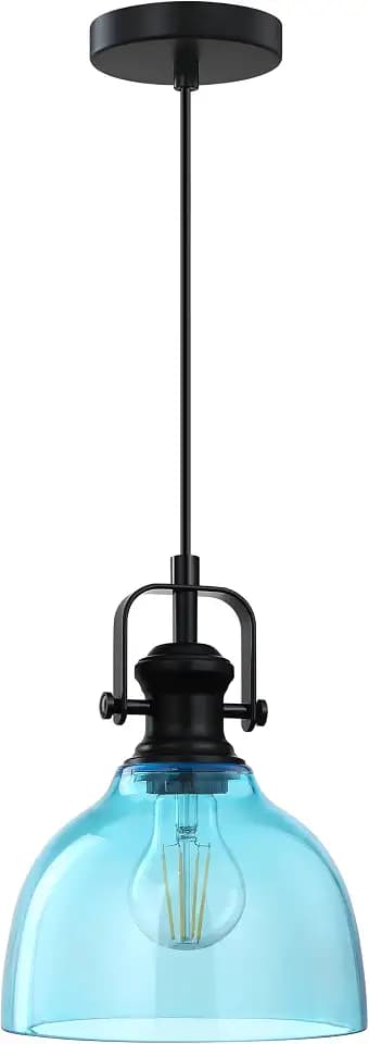 1 Light Indoor Hanging Kitchen Island Pendant Ceiling Light 7.3" Blue Seeded Glass Fixture,Black Finish for Farmhouse Over Sink Bedroom Hallway