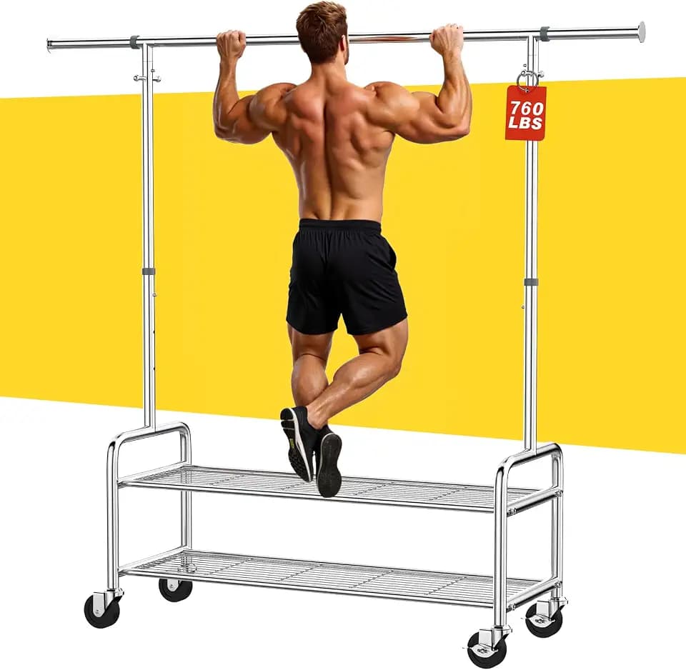 100% Stainless Steel Heavy Duty Clothes Rack Load 760LBS, Clothing Rack for Hanging Clothes With Shelves, Adjustable Height Rolling Wardrobe Coat Closet for Bedroom Laundry Living Room Dorm