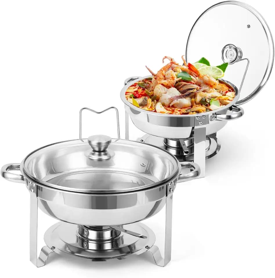 Takywep Chafing Dishes for Buffet Set of 2, 5QT Buffet Servers and Warmers, Round Catering Food Warmers Stainless Steel Chafing Dish Buffet Set with Glass Lid & Lid Holder for Parties Events, Silver