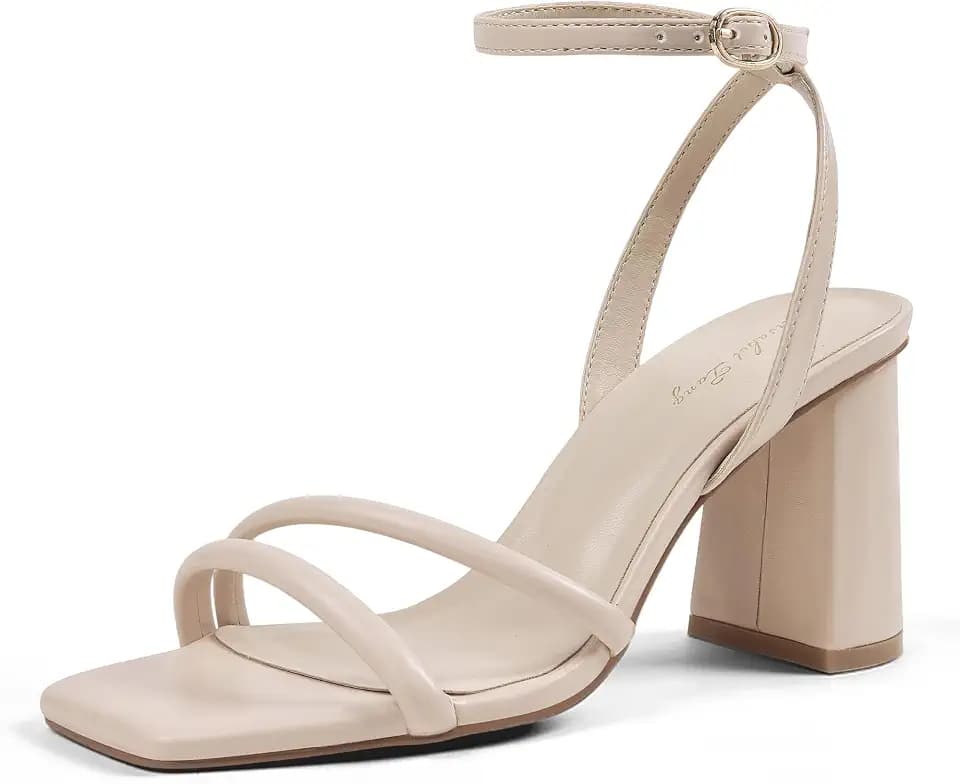Elisabet Tang Women's Heeled Sandals Square Open Toe Shoes Chunky Heels Ankle Strap Buckle Sandals For Party Sexy Dress Wedding Shoes