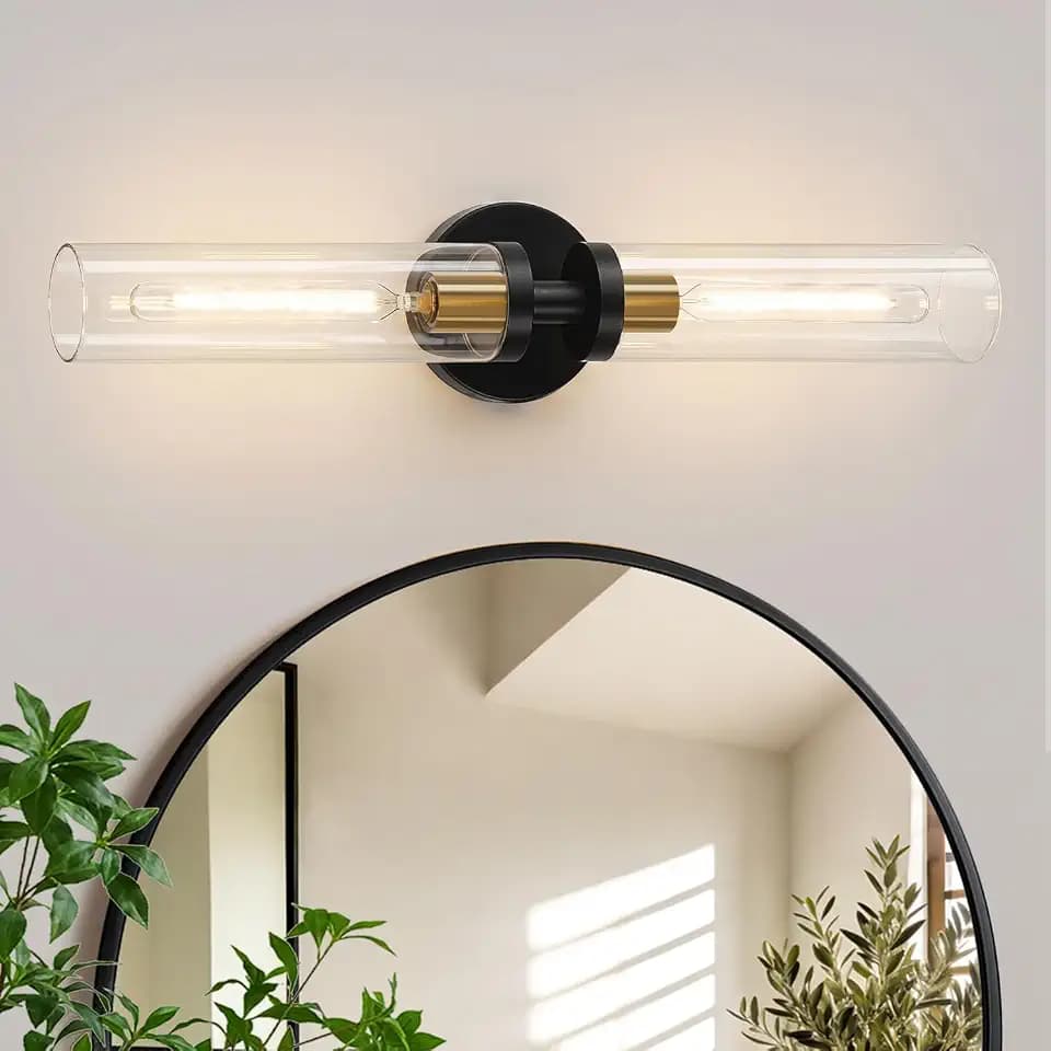 Indoi Black and Gold Wall Sconce, Hardwired Bathroom Sconces Wall Lighting with Clear Glass, Modern Sconces Wall Light fixtures for Bathroom Mirror Living Room Hallway Bedroom