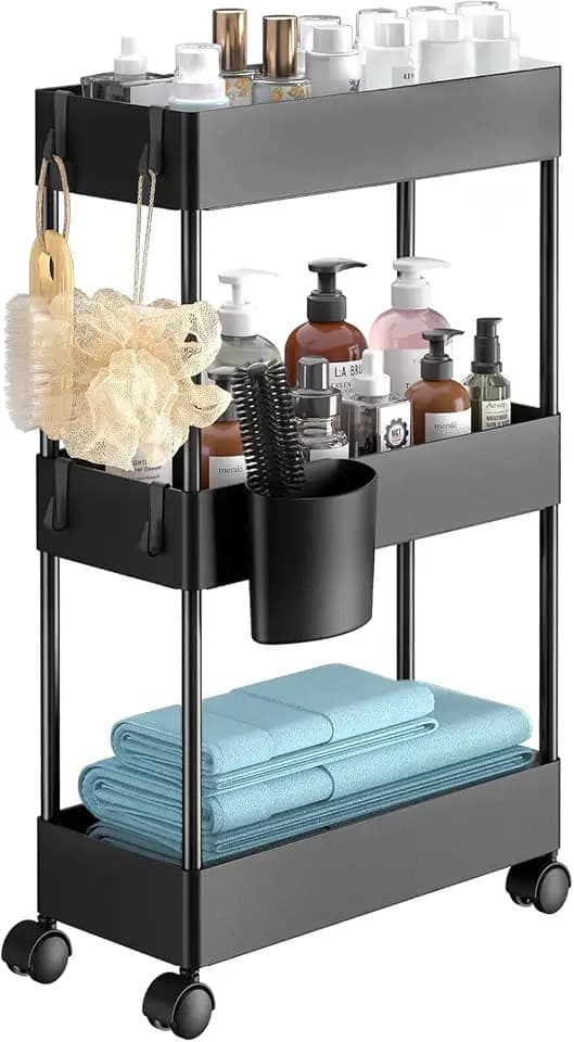 Pipishell 3 Tier Bathroom Storage Cart, Slim Storage Cart with Wheels,Black