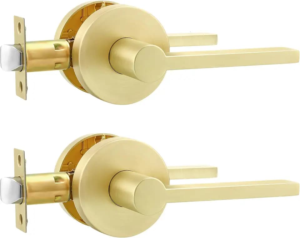 Karlstone 2 Pack Interior Gold Passage Door Handle, Gold Interior Door Handle, Round Shape Door Knobs,Modern Design Door Hardware,Brushed Gold Passage Door Lever for Hall and Closet, Easy Installation