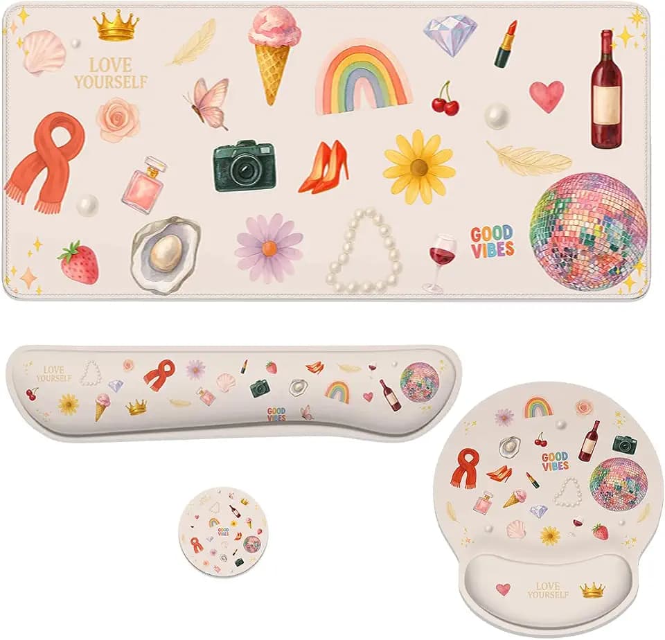 Cute Mouse Pad Set Pink Cartoon Rainbow Camera Disco Ball Gaming Mousepad 4in1 Desk Mat for Desktop Wrist Support Cup Coaster Set Ergonomic Computer Desk Arm Wrist for Decor Home Office