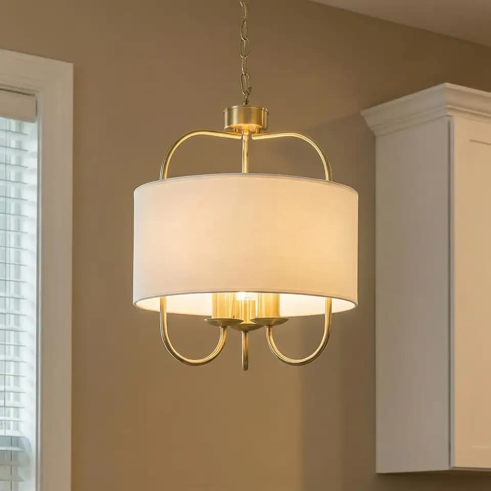 16" Gold Drum Chandelier Light Fixture, 3-Light Drum Pendant Light with Fabric Shade, Modern Farmhouse Hanging Light Fixture Over Island, Adjustable 70.8" H, E26 Sockets, Bulbs Not Included