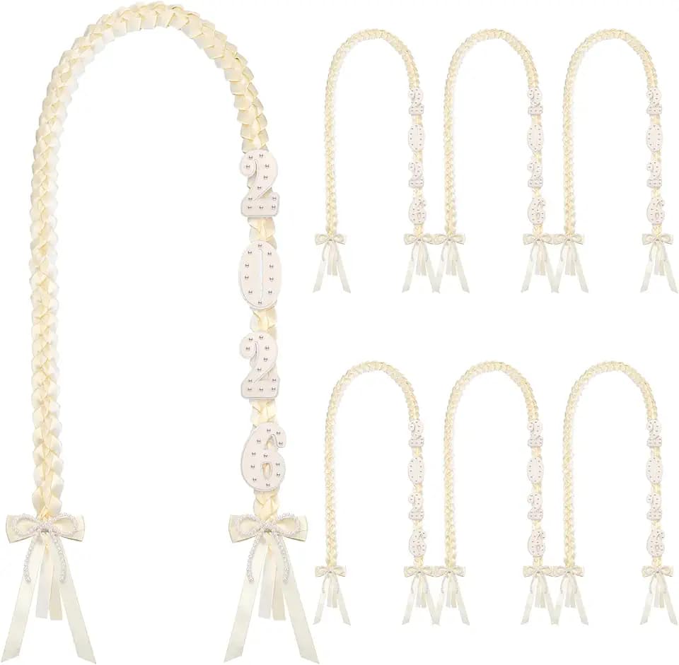 Mindsoft 6 Pack Grad Lei 2026 Braided Necklace, Milky White, Pearl Number