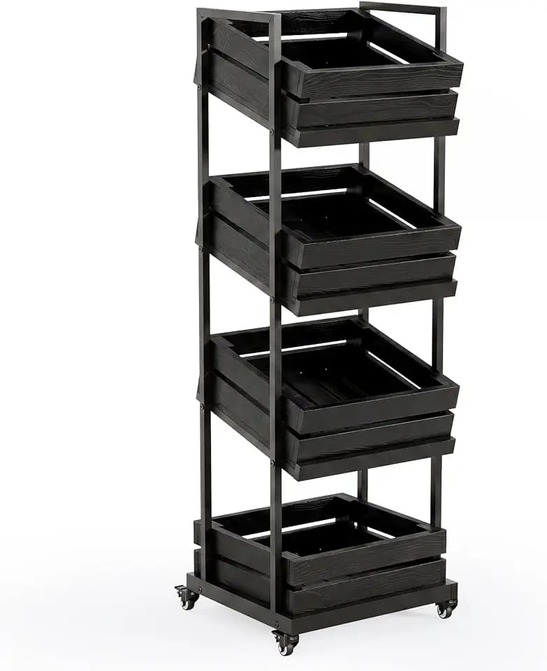 LITTLE TREE 4-Tier Basket Stand with Locked Wheels, Mobile Fruit and Vegetable Storage, Floor Stand Rack, Utility Shelf, for Kitchen, Living Room, Pantry (Black)