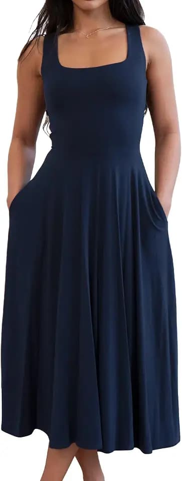 FairBeauty Women's Square Neck Casual Dress Summer Sundress with Pockets