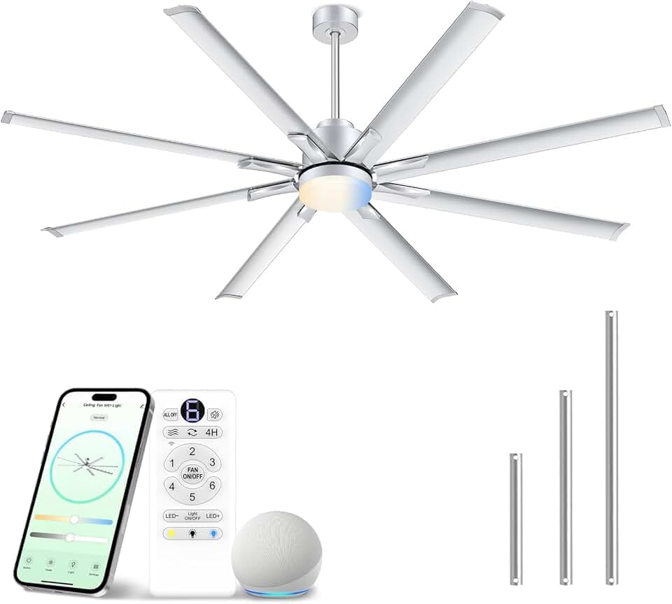 84 Inch Industrial Smart Ceiling Fan with Light, WiFi Alexa & Remote Control, 8 Brushed Nickel Aluminum Metal Blades, High CFM Extra Large Outdoor Ceiling Fan for Patios Garage Warehouse