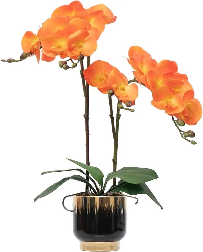CXGS Orchids Artificial Flowers Real Touch Fake Flowers in Ceramic Pot 20" Orange Faux Orchid Plant Lifelike Silk Phalaenopsis for Centerpiece Hotel Home Indoor Decor