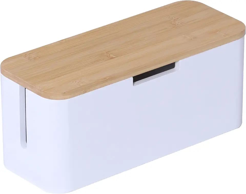 Relaxdays Kabelbox für Steckdosenleiste, Bambus, Deckel, Natur/weiß