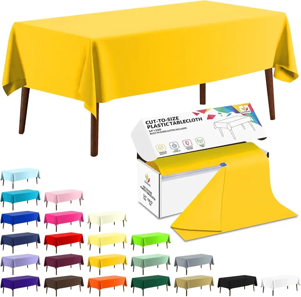 CXPSINC 54 Inch X 300 Feet Plastic Table Cover Roll Disposable Tablecloth with Slide Cutter for All Type/Shape Tables | Party, Banquet, Birthdays, Weddings(Yellow, 300 Feet)
