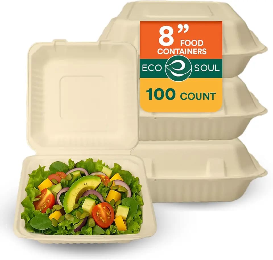 ECO SOUL 8x8 Compostable Clamshell Food Containers, (100 Pack)