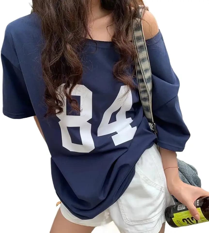 Women's Oversized Jersey Off Shoulder Shirt Crewneck Number Graphic T Shirt Y2k E-Girl Summer Going Out Tops