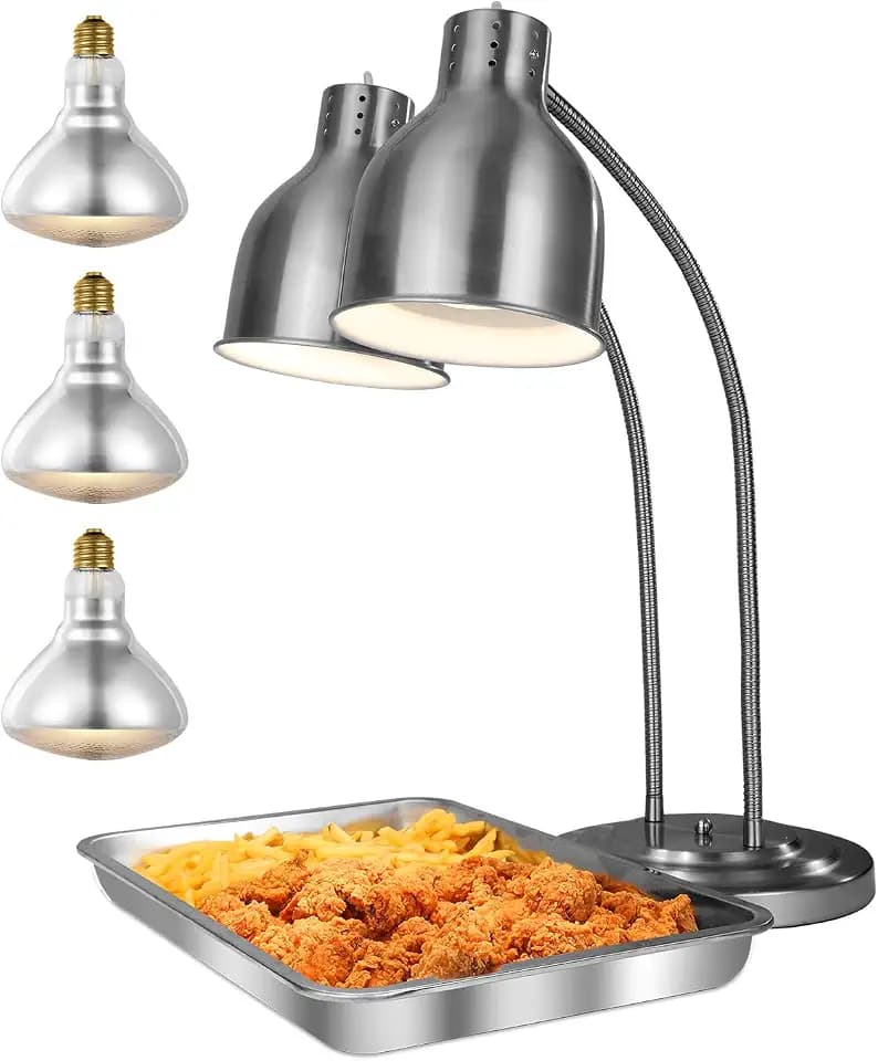 VEVOR Food Heat Lamp, 500W Electric Commercial Food Warmer Light, 2-Head Stainless Steel French Fry Heating Lamp with 3 Bulbs, Catering Food Warming Equipment for Kitchen, Buffet, Restaurant, Silver