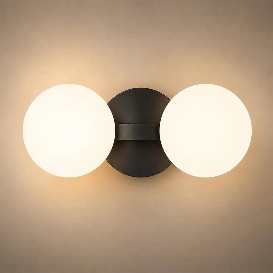 Black Brass Globe Wall Sconce – Modern Milk Glass Double Light Fixture