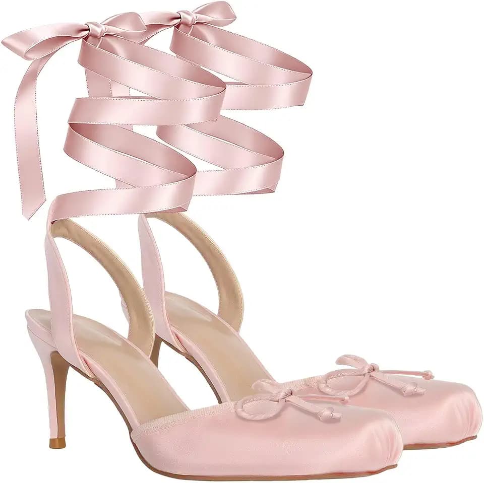Agodor Satin Ballet Heels for Women, Lace Up Ballet Pumps with Bow,Square Toe High Slingback Heel Strappy Elegant Dress Stiletto Mary Jane Ballerina Shoes for Party and Wedding