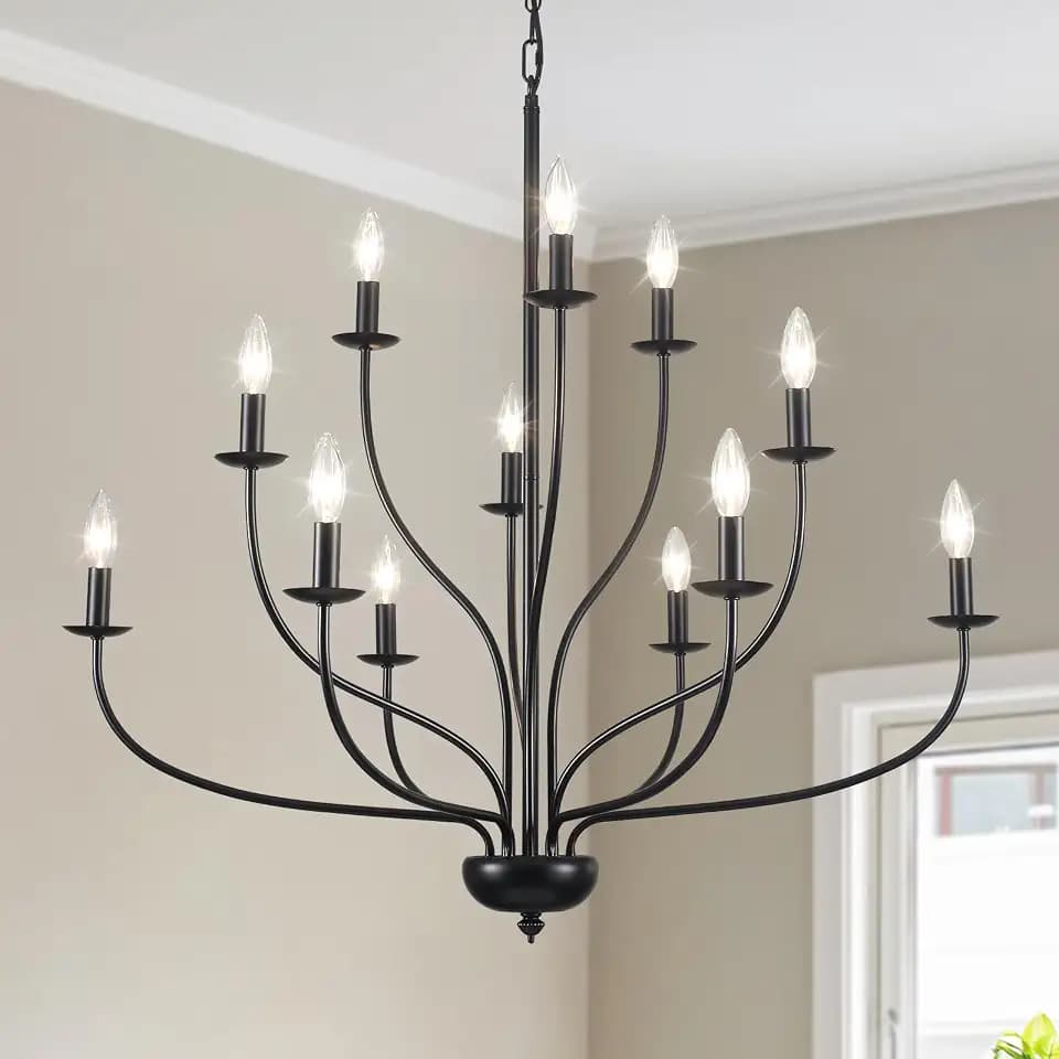 12-Light Black Chandelier for Dining Room, 36" Large Chandeliers for High Ceilings, Modern Farmhouse Chandelier Industrial Candle Pendant Light Fixture for Entryway Foyer Living Room Staircase Kitchen