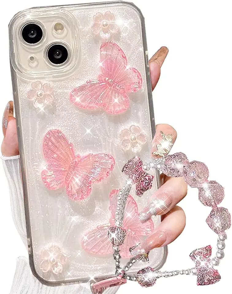 Changjia for iPhone 15 Plus Glitter Butterfly Case,Cute Girly 3D Flower Floral Crystal Pearl Bling Sparkle with Wrist Strap Chain Soft TPU Aesthetic Women Girls Protective Case for iPhone 15 Plus,Pink