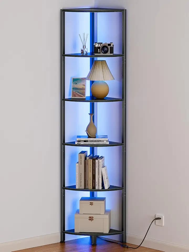 Furnulem 6 Tier Corner Shelf with LED Light, 67.5" Black Narrow Bookshelf