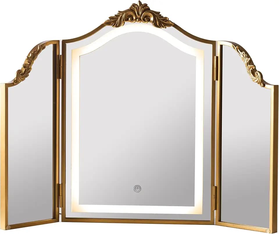 HSDDHOME Antique Gold Triple Fold Makeup Mirror with Tri-Color LED Lighting & Dimming, Baroque Carved Arch Vintage Vanity Mirror, Bohemian Decor for Bedroom/Dressing Room, 31x23 Inch