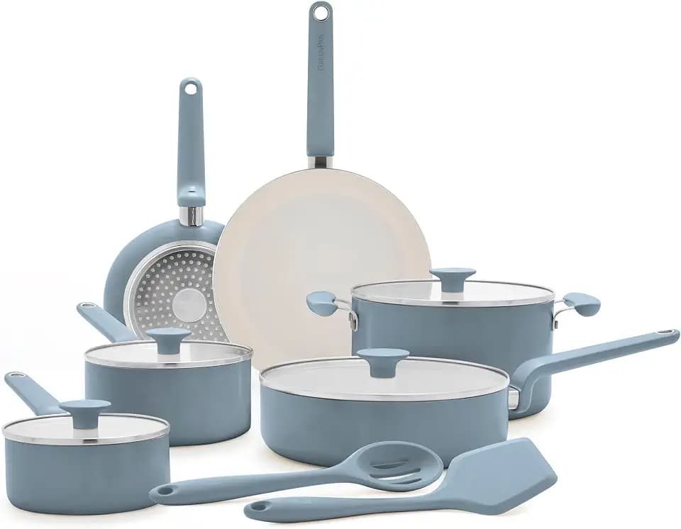 GreenPan Rio Advanced 12 Piece Cookware Set, Ceramic Nonstick PFAS-Free Pots & Pans with Cooking Utensils, Induction Ready, Dishwasher & Oven Safe, Blue