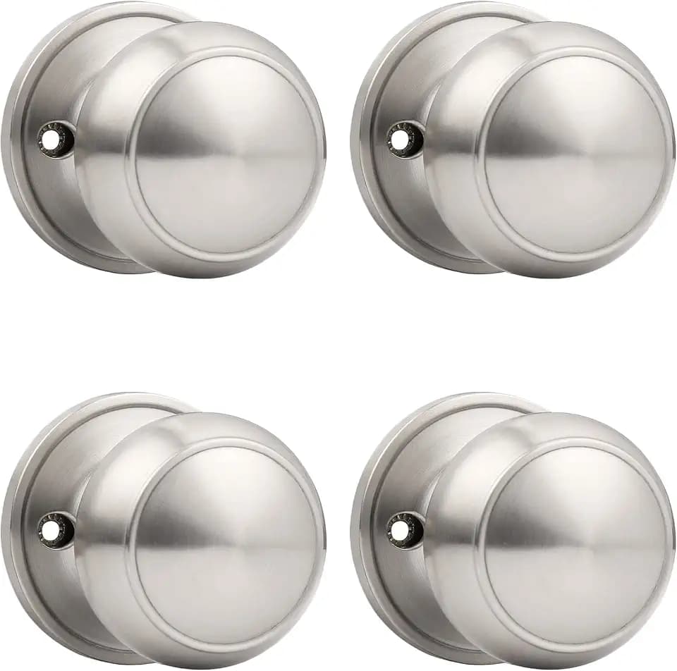 Probrico Brushed Nickel Door Knob One Side 4 Pack, Fake Door Handles Dummy Function for Closet French Doors, Nickel Dummy Door Knobs, Flat Ball Knob