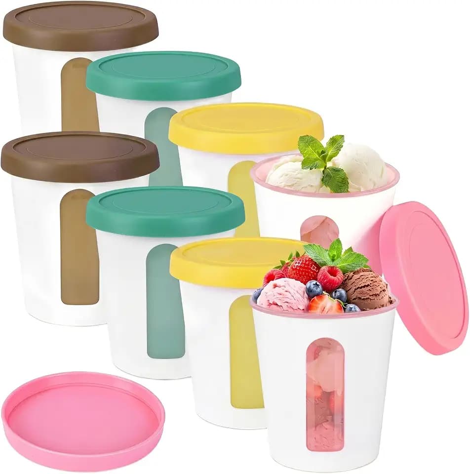 8 Pack Ice Cream Containers 1 Qt Reusable Homemade Ice Cream Container with Silicone Lids Freezer Storage Tubs for Gelato, Sorbet, Yogurt, Soup and Meal Prep (Yellow Pink Green Brown)