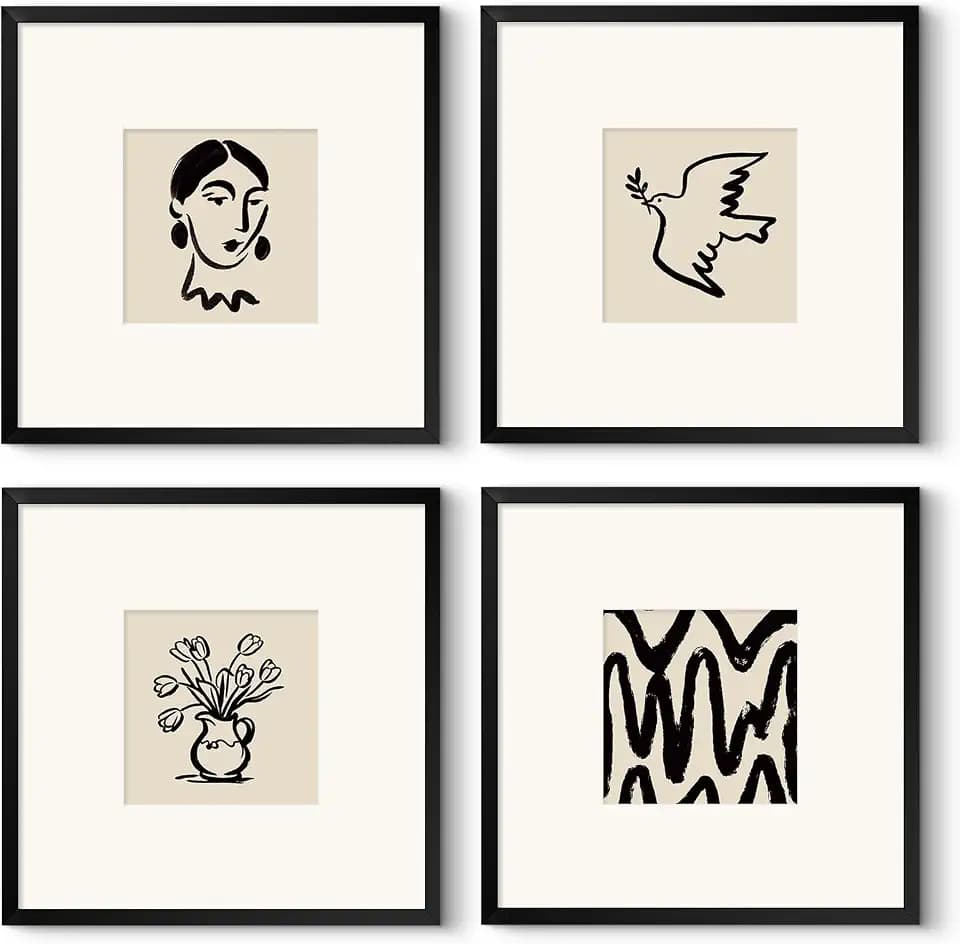 HUARCEY Framed Abstract Wall Art Set of 4, 18"x18" Black and White Minimalist Canvas Prints with Glass, Modern Line Art Wall Decor for Living Room Bedroom Office Hallway Farmhouse Home Decoration