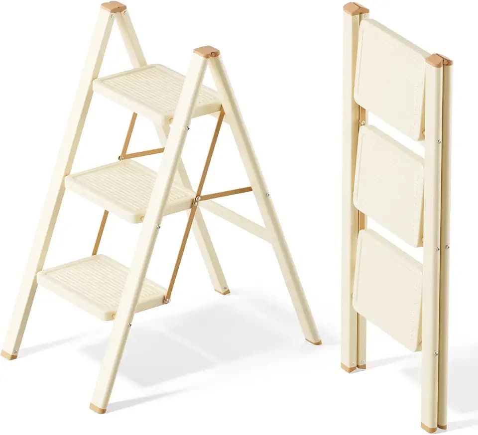 SOLADDER 3 Step Ladder, Folding Step Stool, Cream Chocolate