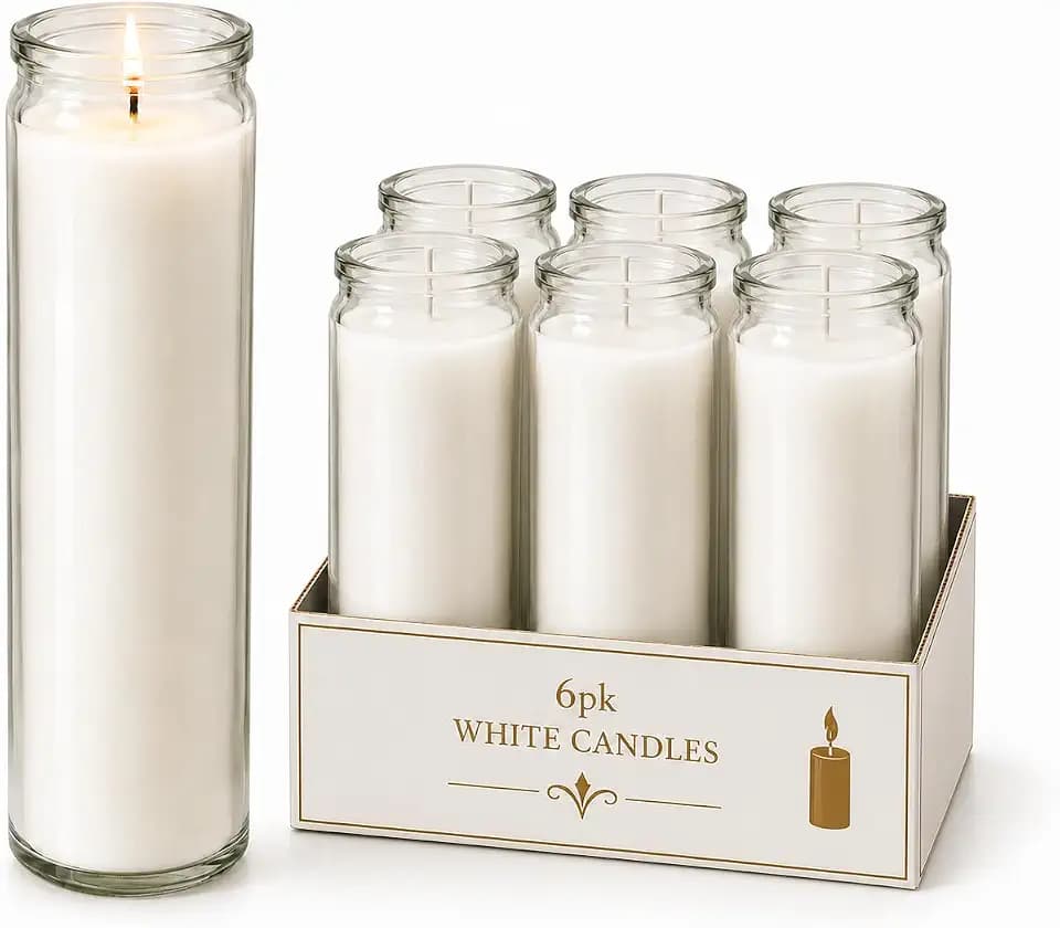 White Prayer Glass Candles Unscented, Bundle 6 Pack
