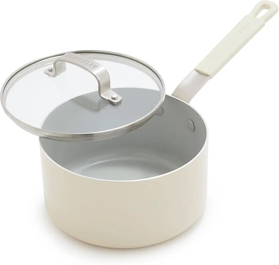 GreenPan x Bobby Flay 2.5QT Ceramic Nonstick Saucepan with Glass Lid, Cream