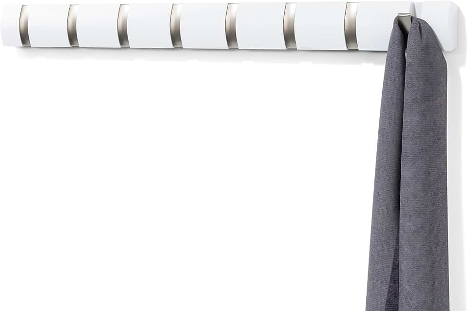 Umbra Flip Coat Rack, Wall Mount 8-Hook, Space Saving, White
