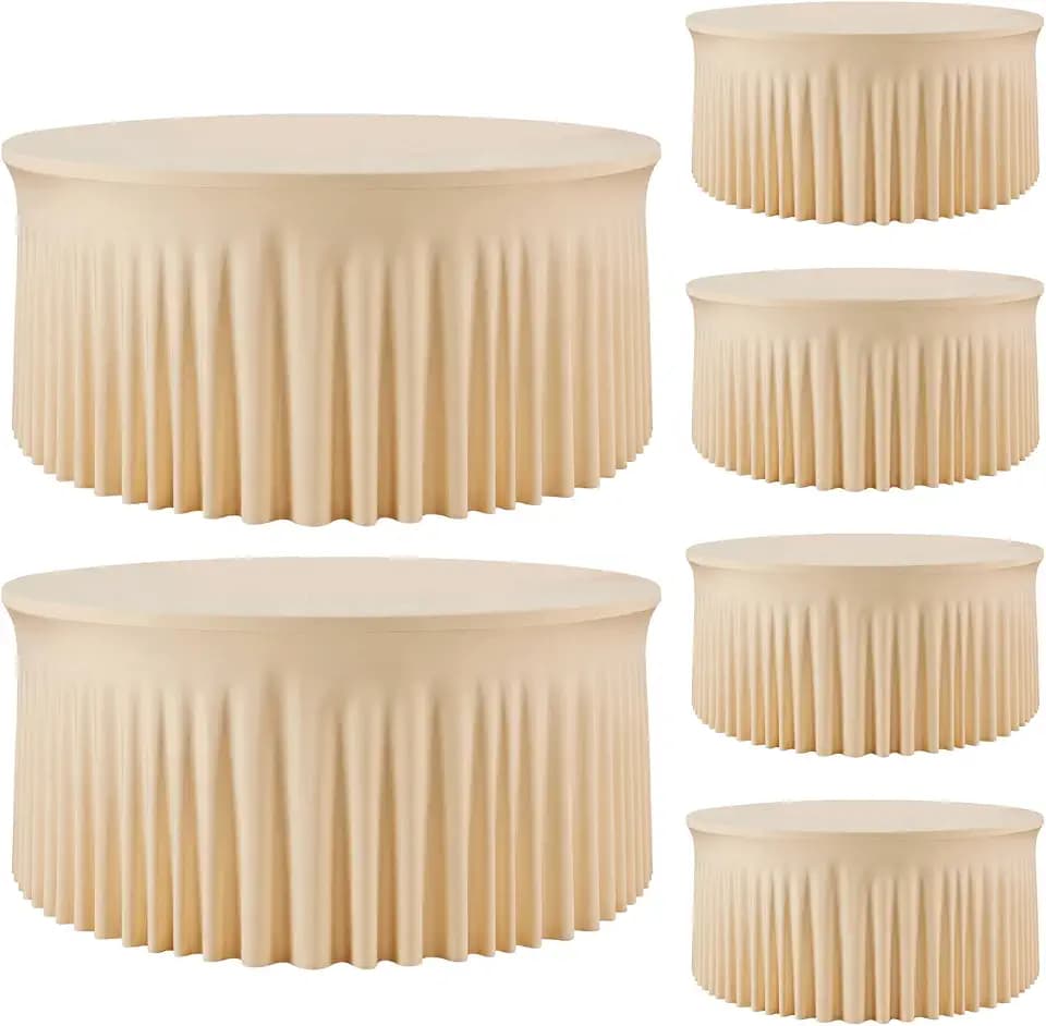 6 Pack Champagne 72 inch Round Spandex Tablecloth,Wrinkle-Free Stretchy Fitted 6FT Round Tables,Elastic Edge with Skirt,Washable Tablecloths for Wedding Banquet Party Birthday Buffet