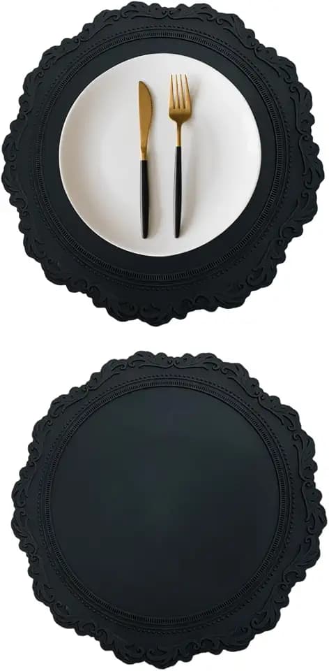 2 Pack Round Silicone Placemats Set, 13.38 Inch Diameter European Style Decorative Table Mats, Heat Resistant Waterproof Non-Slip Easy Clean Dish Mats for Dining Table & Kitchen Counter (Black)
