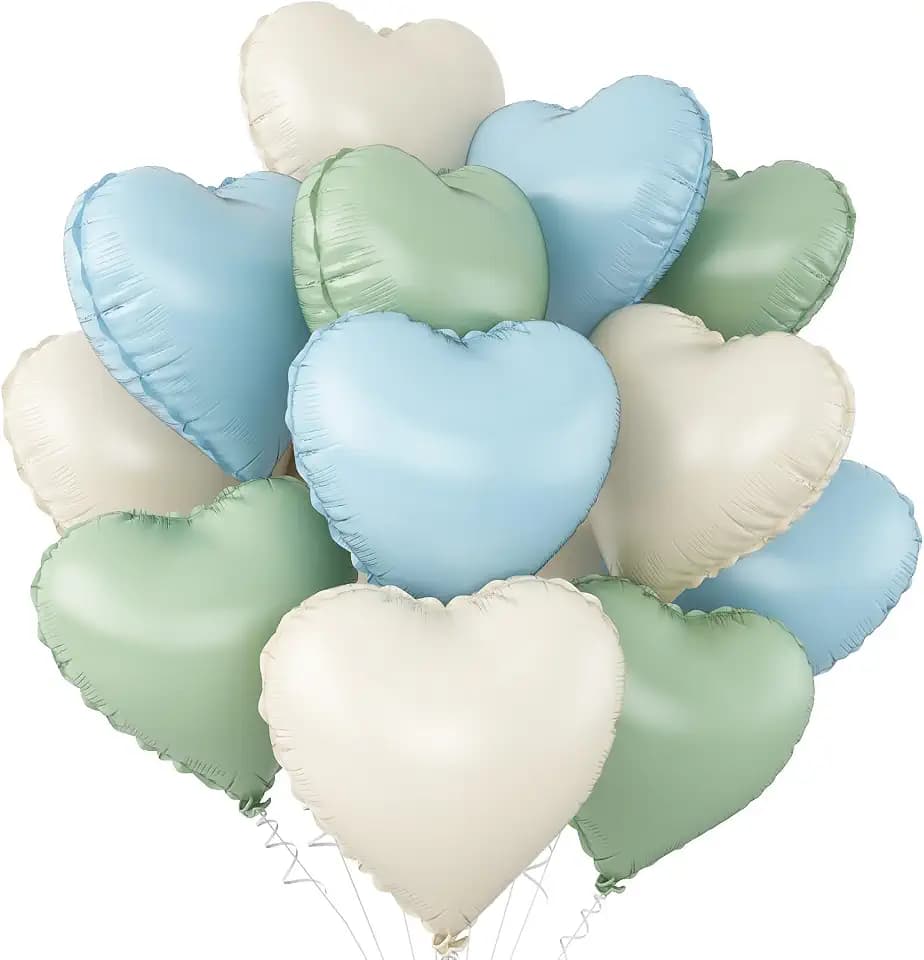 Blue Green White Heart Balloons,12Pcs 18Inch Heart Shaped Balloons
