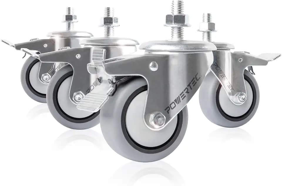 POWERTEC 3 Inch Threaded Stem Caster Wheels Set of 4 with Brake & 600 lbs Loads, Heavy Duty Stem Casters, Dual Locking TPR Rubber Castor Wheels for Furniture, Cart, Dolly & Workbench (17201V)
