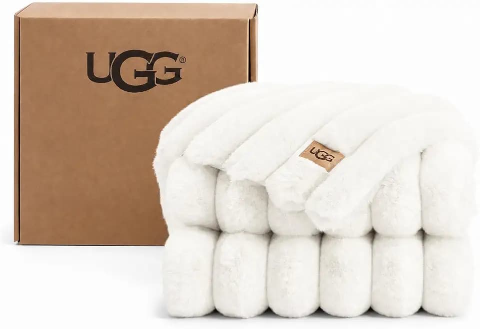 UGG Channel Throw Blanket, Fluffy Faux Fur Blanket, 50" x 70", White (Snow)