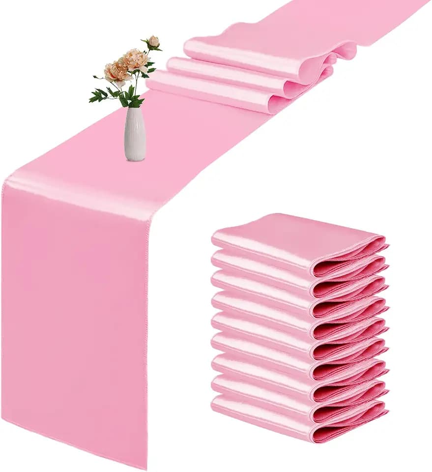 10 Pack Satin Table Runner 12 x 108 Inch Long Pink Smooth Silk Fabric Table Runner for Birthday Parties Wedding Banquets Decorations.