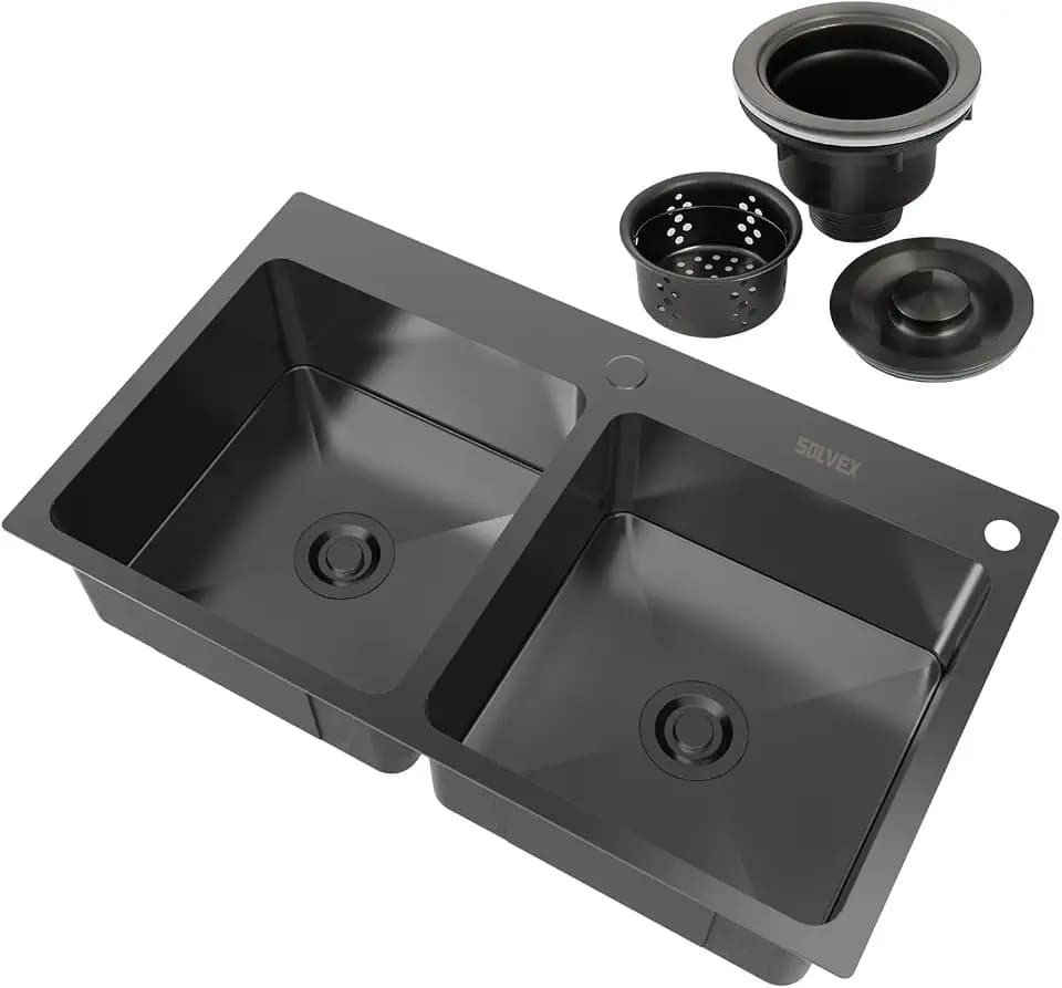 SOLVEX 30 Inch Drop in Double Bowls Kitchen Sink with Nano Coating,30x18 Inch Black Handmade Stainless Steel Topmount Kitchen Sink ST-7546-N