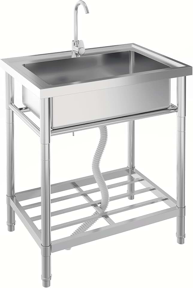 Stainless Steel Utility Sink, Free Standing Laundry Sinks with Faucet, Cold/Hot Water Pipe & Storage Shelves, 28in Commercial Single Bowl Sink for Food Prep, Washing