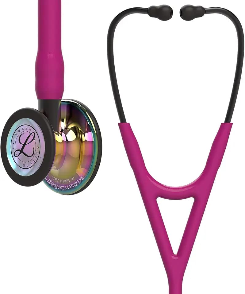 3M Littmann Cardiology IV Diagnostic Stethoscope, 6241, More Than 2X as Loud, Weighs Less, Stainless Steel High Polish Rainbow-Finish Chestpiece, 27" Raspberry Tube, Smoke Stem, and Headset