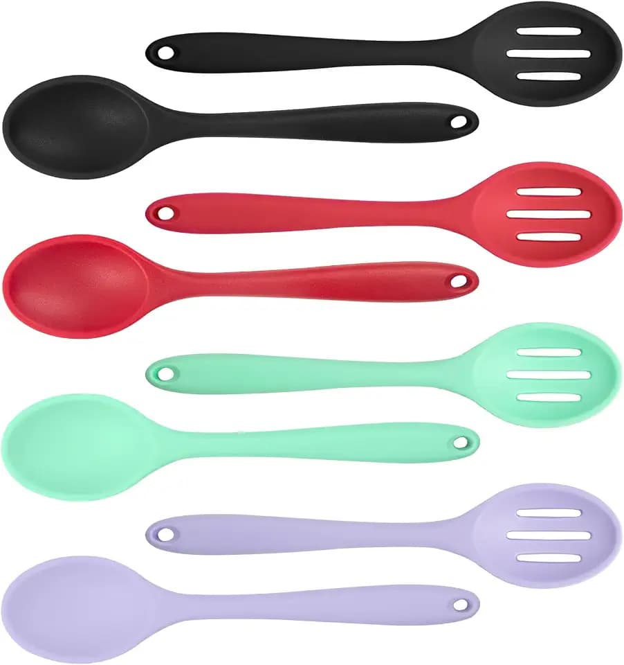 8 Pcs 8inch Heat Resistant Cooking Spoons for Nonstick Cookware Set -Ideal for Cooking, Baking, Mixing, Stirring Includes Slotted & Solid Spoons, Design for Nonstick Cookware (Black+Red+Green+Purple)