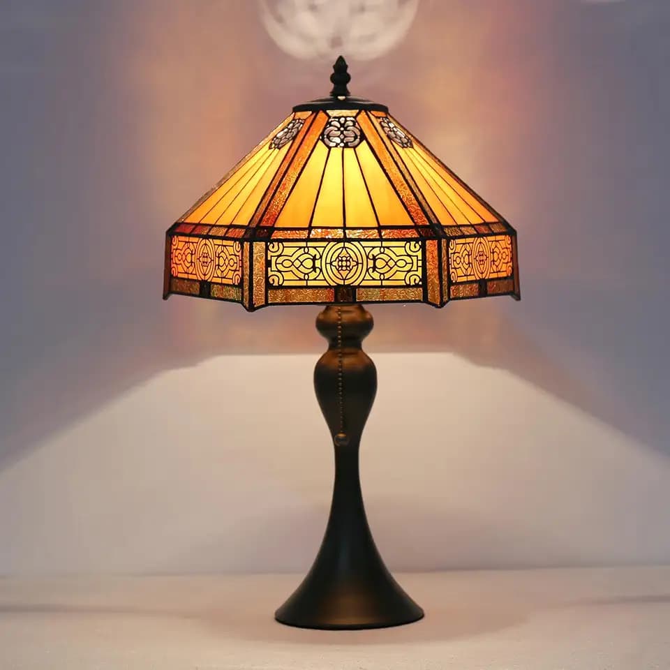 Tiffany Style Lamp Hexagon Vintage Table Lamp Amber Glass Desk Lamp for Living Room Bedroom (12x12x19 Inch)