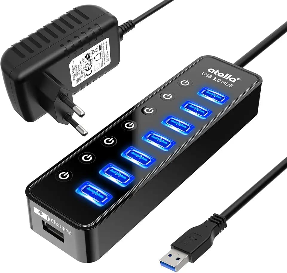 atolla USB Hub Aktiv 3.0 mit Netzteil, 7 Ports USB 3.0 Hub aktiver Datenhub mit Schalter und 1 Intelligenter Charging Port und 20W(5V/4A) Netzteil Adapter
